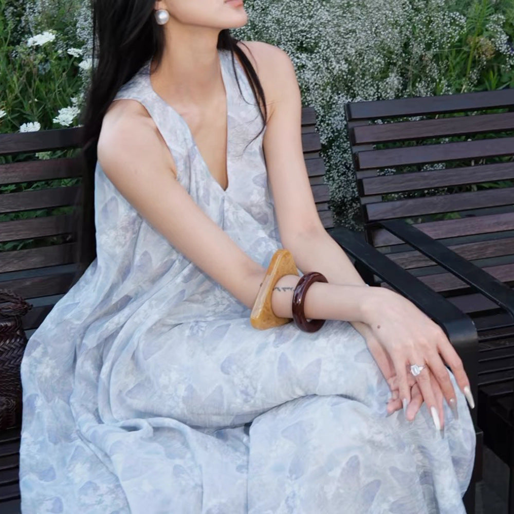 Zhao Sanguan The Same Butterfly Printed Dress 2024 New Gentle V-Neck Loose Holiday Dress