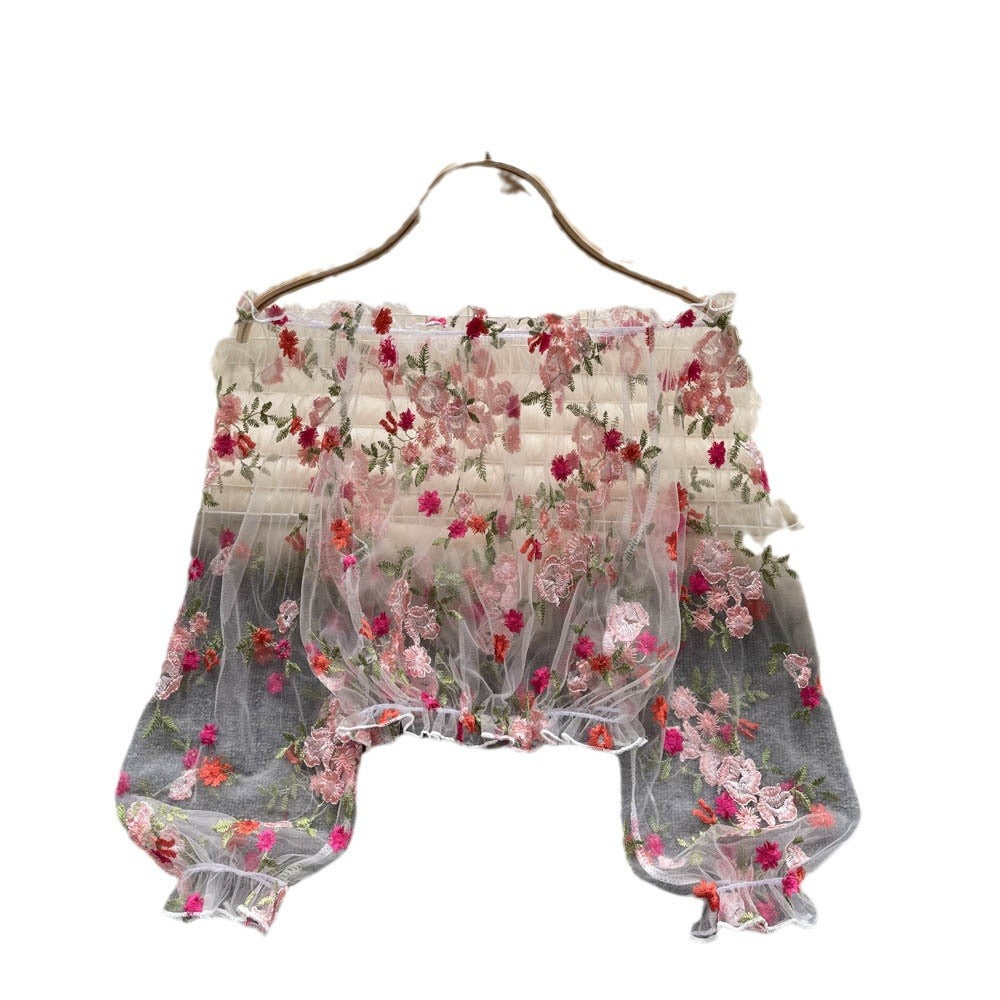 Shoulder Mesh Embroidery Perspective Shirt For Women's Summer Loose Bubble Sleeve Short Hoodie Long-Sleeved Lace Shirt DJPT