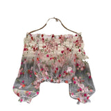 Shoulder Mesh Embroidery Perspective Shirt For Women's Summer Loose Bubble Sleeve Short Hoodie Long-Sleeved Lace Shirt DJPT