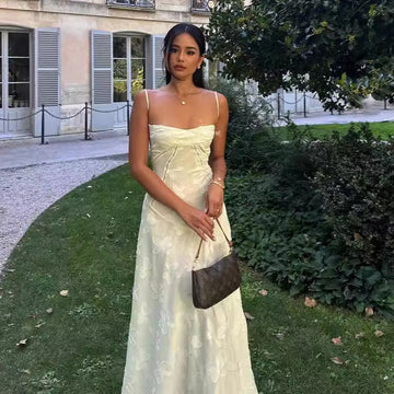 With The Same Retro Cream-Colored Sling Print-Deli Dress Sweet And Gentle Wind Birthday Evening Dress