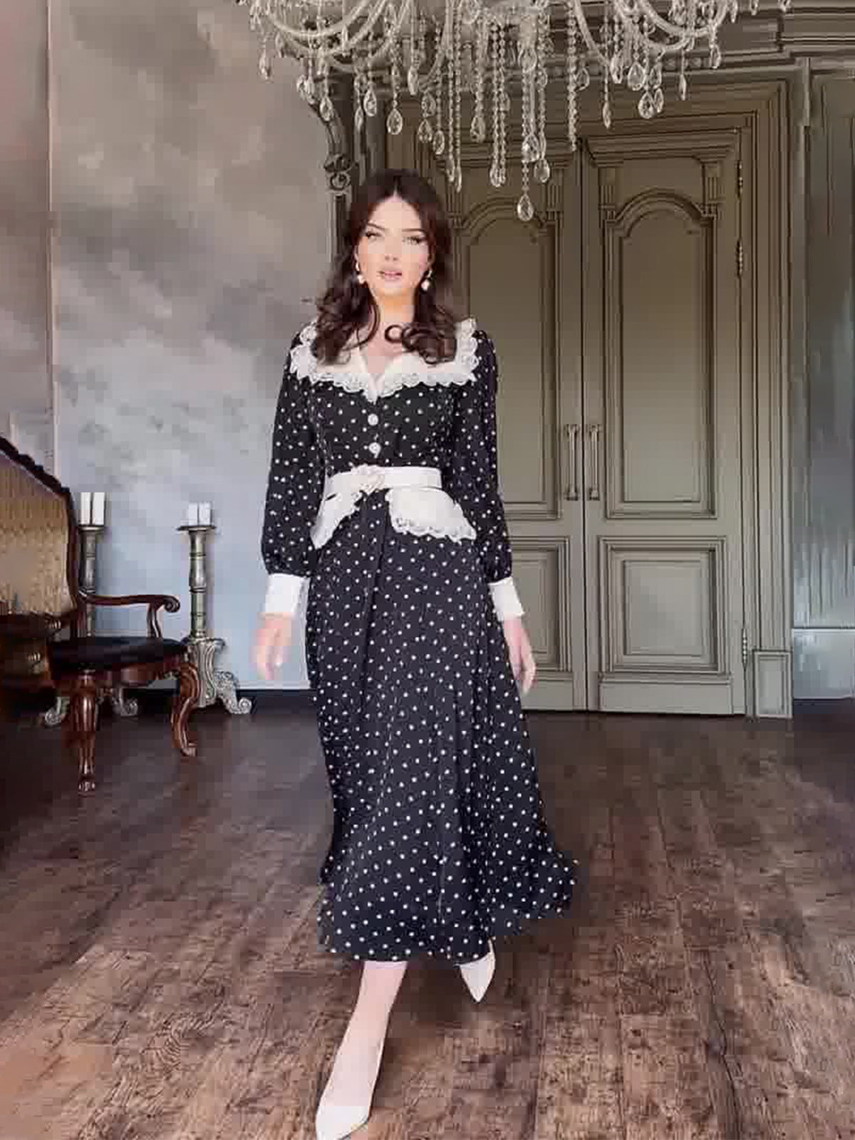 Summer New Lace Doll Collar Body-Point Printing Dress