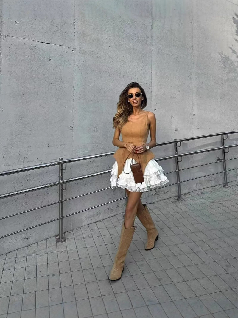 Peng Backband Dress 2025 Spring Street Wind Design Sensing Collust Design Collust Design Cake Dress Short Dress