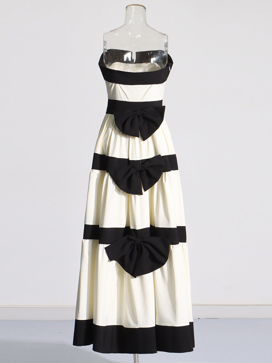 Temperament Style Dress 2025 Summer New Face Splicing Bow Bump Design Dress Dress Dress Dress