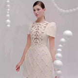 2025 Summer Three-Dimensional Floral Pattern Splicing Lattice Dress Single Row Pearl Buckle Skirt
