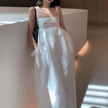 / Daisite Print Bare Back Sling Skirt Tea Break Gentle Booming Long Skirt 2024 New