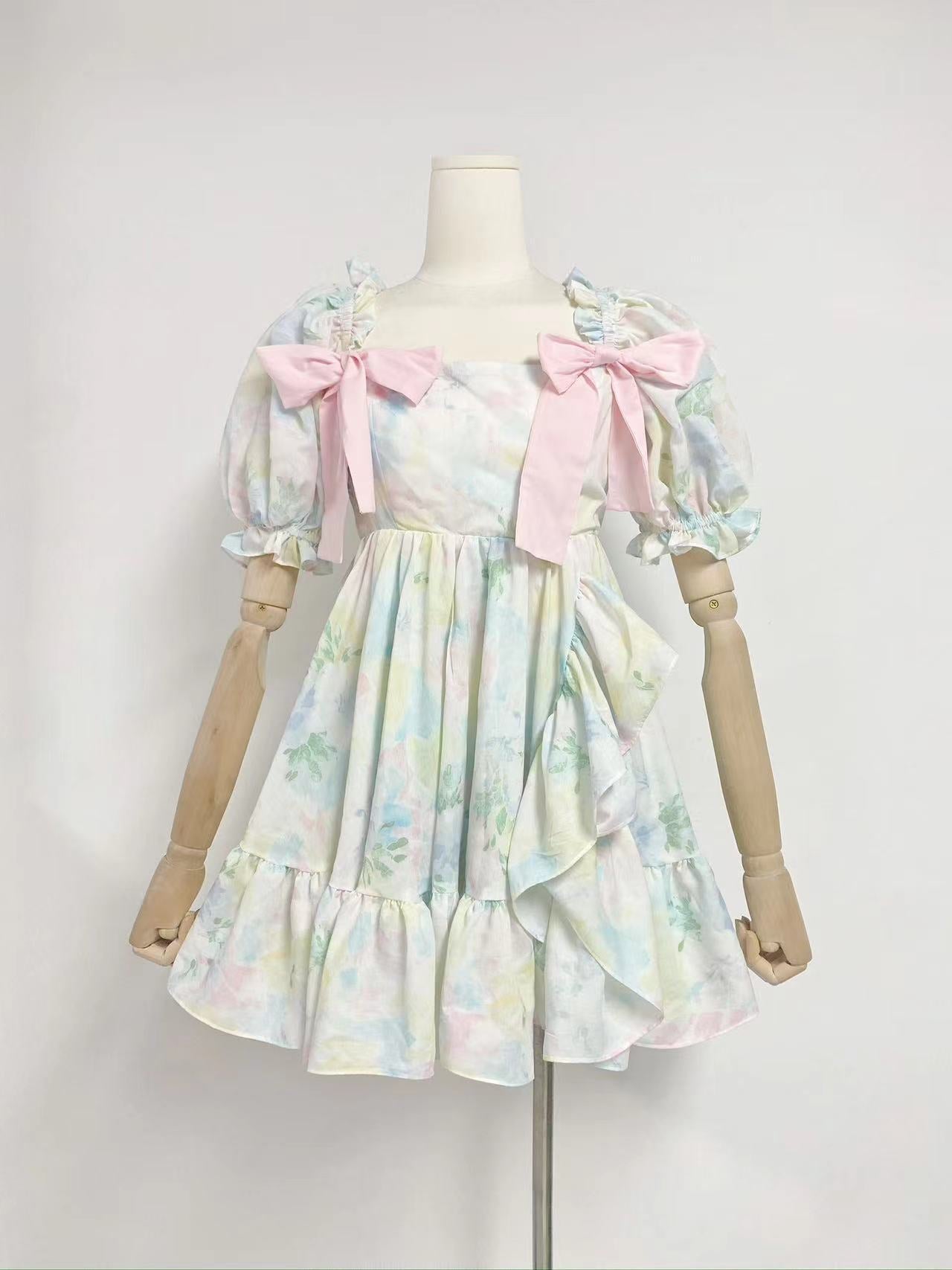 Summer New Square Collar Bubble Sleeve Bow Tie With Belt Print Short Dress Woman