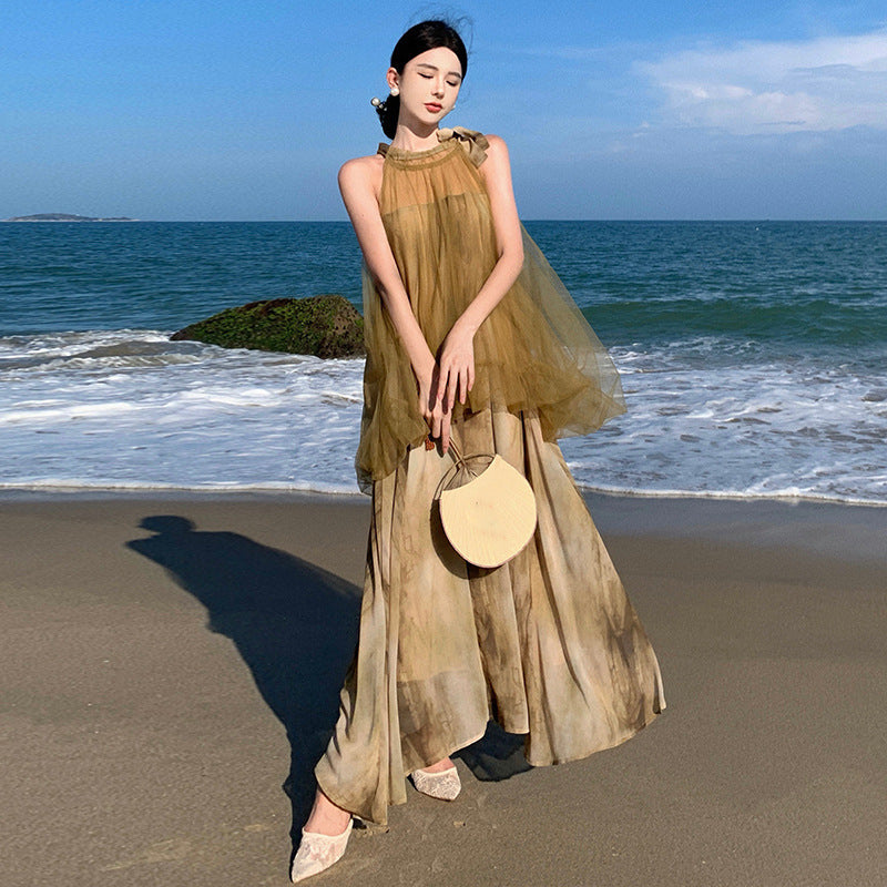 New Temperament Hanging Neck Dye Chiffon Skirt Fake Two Holiday Dress Summer