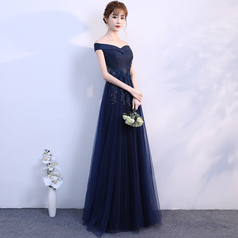 Evening Dress Woman 2025 Summer Temperament Atmospheric Elegant One-Word Shoulder Host Maid Dress Small Thin