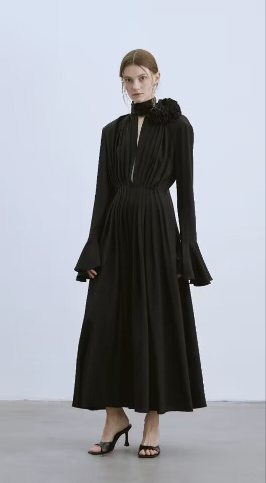 Early Autumn Famous Rose Three-Dimensional Flower Horn Sleeve Sexy Open Fork Gentle Dress Dress