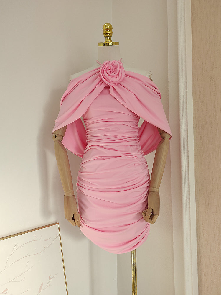 Sheath Halter Pink Floral Holiday Dress Travel Vacation Dresses Short Birthday Dress SD1251