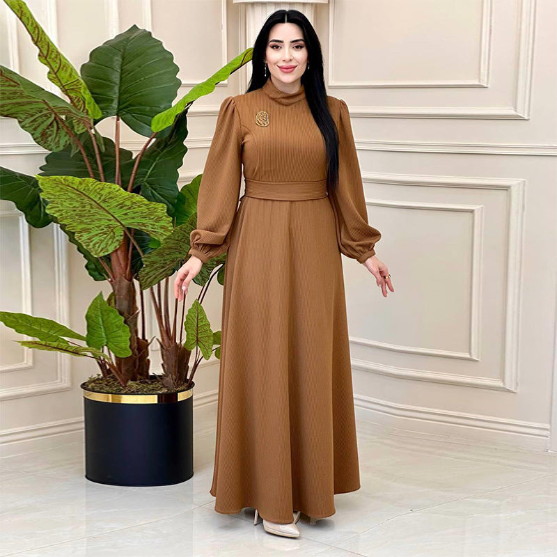 Muslim Solid-Colored Belt-Lending Dress Woman In Autumn 2024