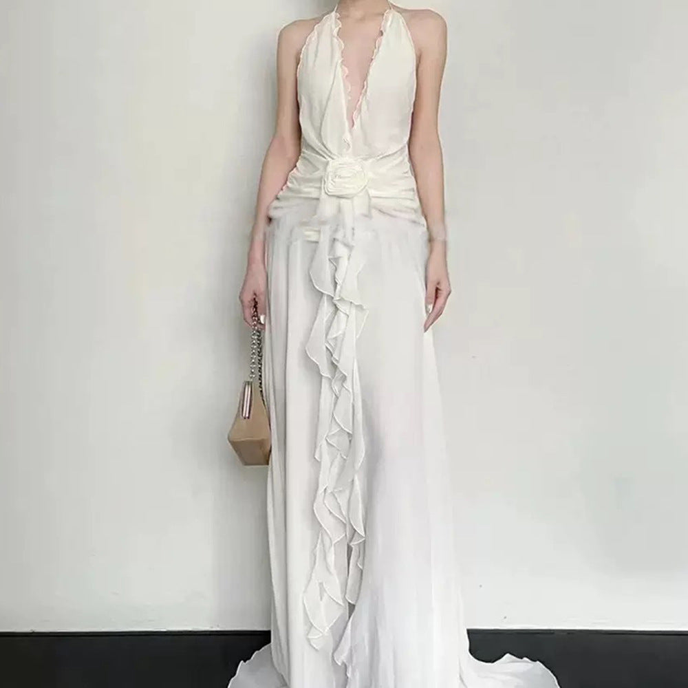 Sleeveless V-Necked Neck Dress With Wooden Ears Exposed Back Long Dress Beach Beach Seaside Holiday Dress