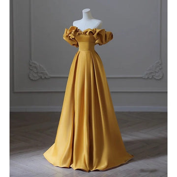 Shoulder Banquet Evening Dress Dress Female-Singen-Faced Yellow Temperament Light Luxury Niche High-End Art Exam Host Dress