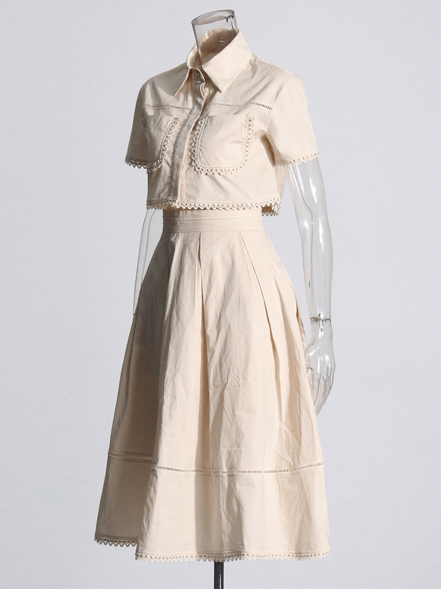 Lace Embroidery Set 2025 Spring New Collar Short-Sleeved Shirt High-Waist Long Dress Solid Color Woman