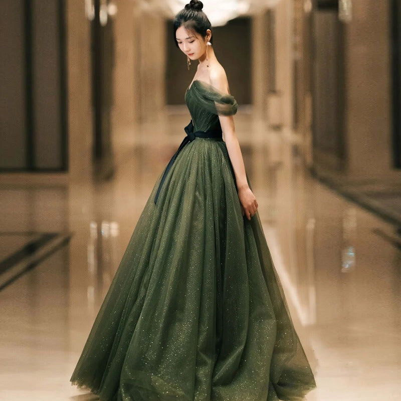 Evening Dress 2025 Summer New Green One-Word Shoulder Fairy Masturity Host Dress