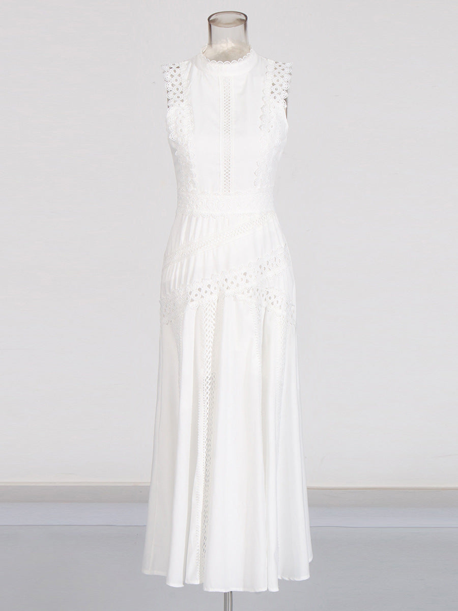 Temperament Lady Style Dress 2025 New Sleeveless Collar Lace Hollow Waist Lotus Leaf Side Gentle Dress Girl