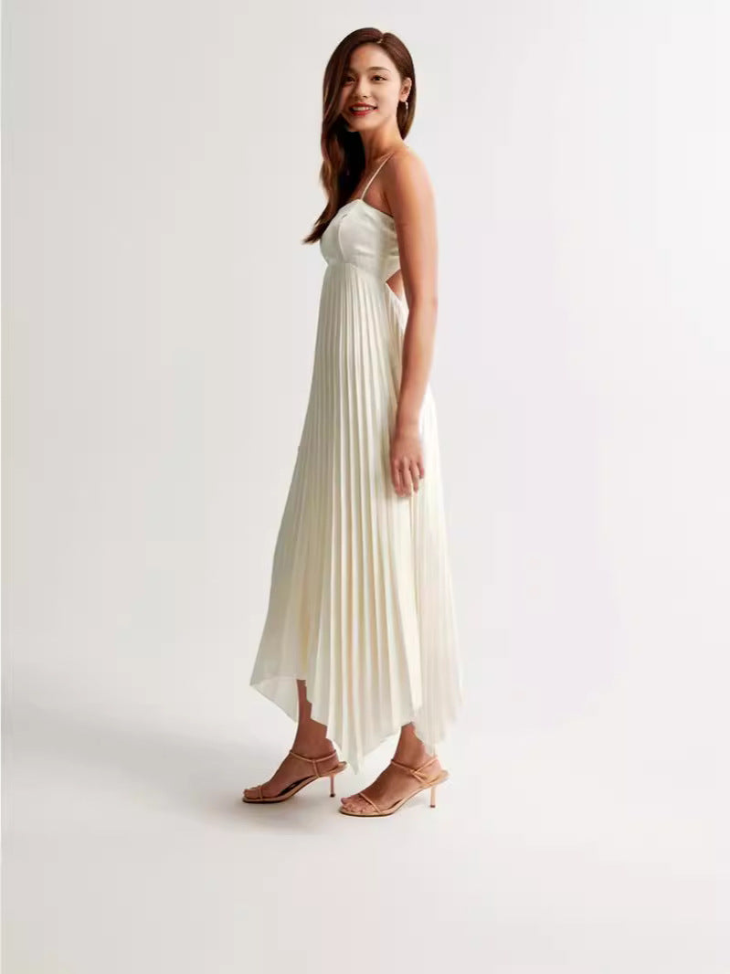 Summer New Sexy Fashion High-Funny Pressed Solid Color Suspension Dress