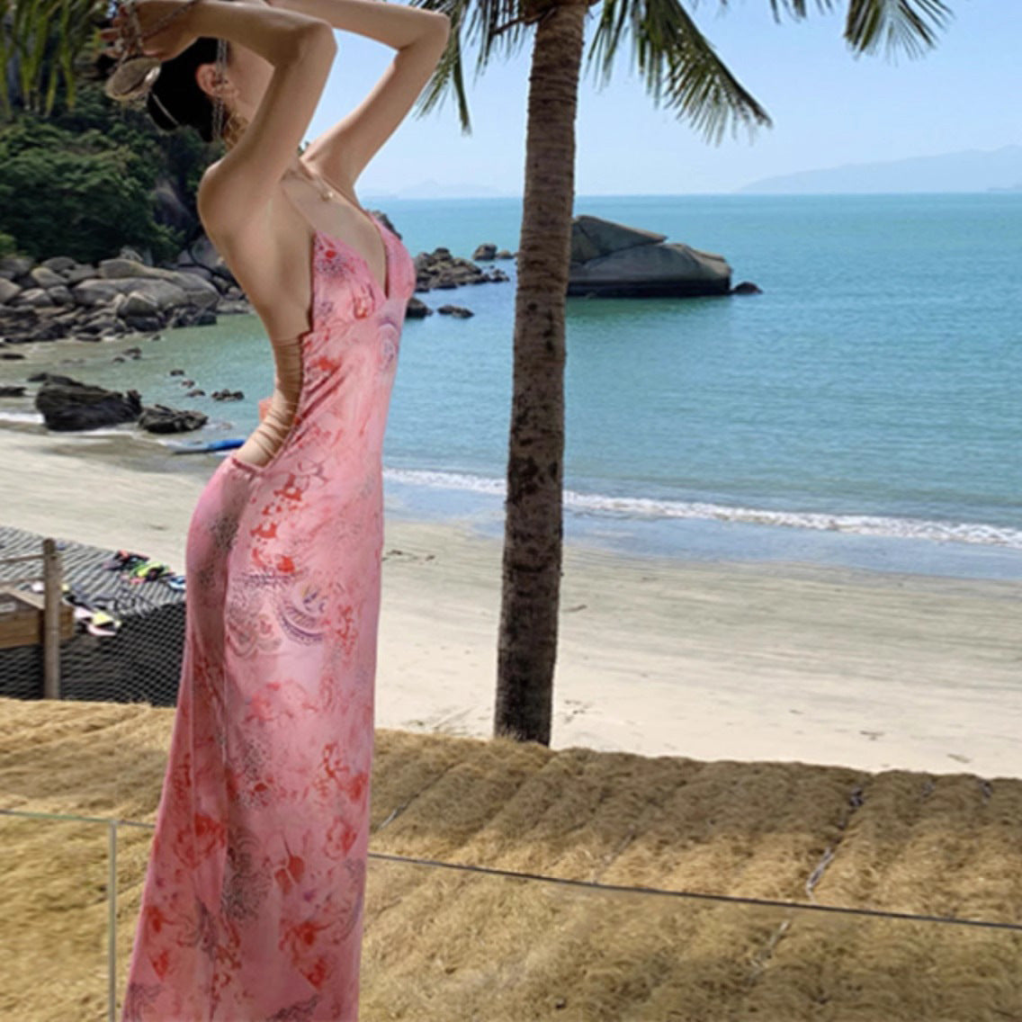 Girl Sexy Temperament Butterfly Sling Dress Fashionable Holiday Style Splicing Big Bare Back Hanging Neck V Collar Bag Buttice Skirt