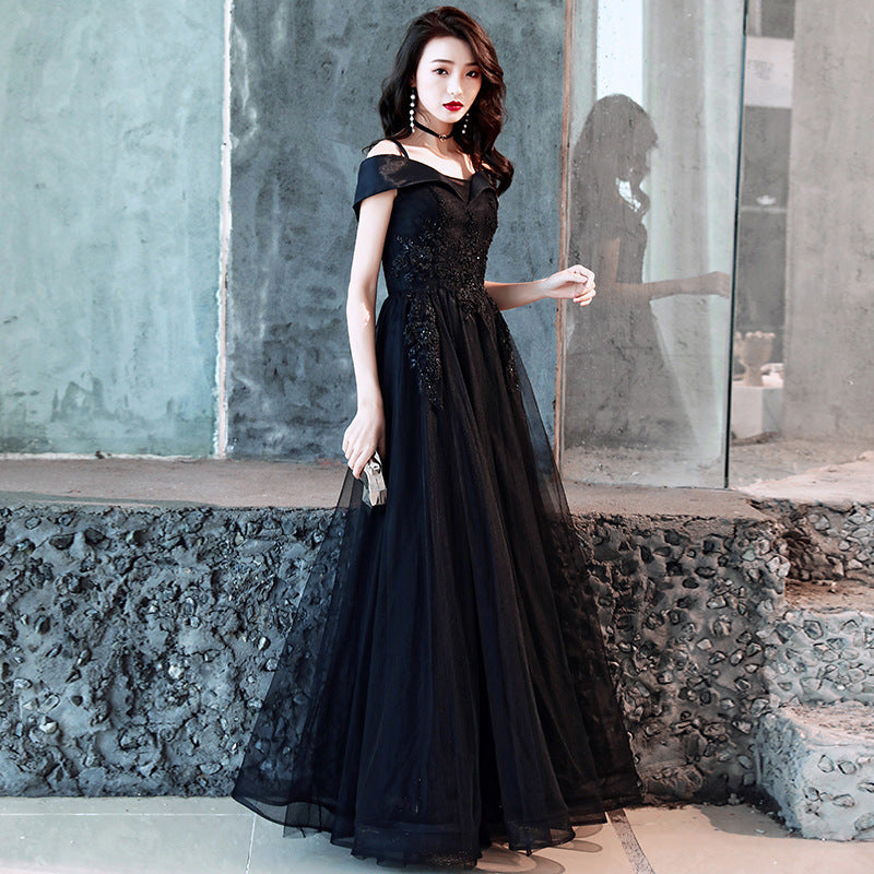 Evening Dress 2025 Spring Shoulder Birthday Dinner Party Host Art Examination Dress Woman