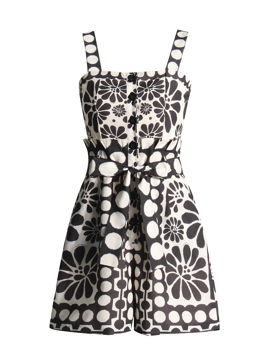 Casual Wind 2025 New Printed Sleeveless Button Tie With Short Broad Leg Jumpsuit Woman