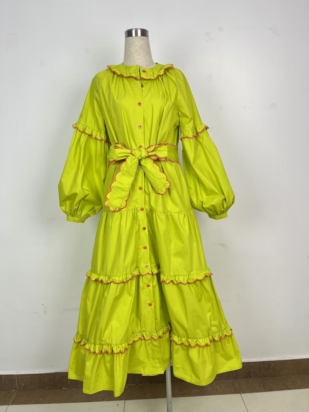 Tide Brand 2025 Spring Round Collar Lotus Lantern Sleeve Strap To Close The Waist Orange Red Dress Dress Dress