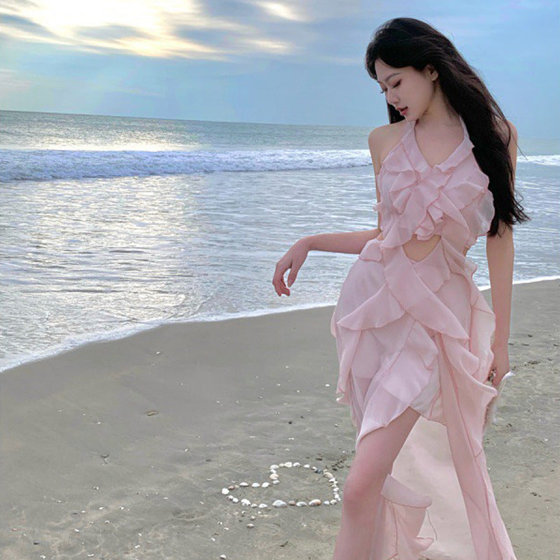 Super Fairy Lotus Side Seaside Holiday Dress Pure Sexy Hanging Back Open Fork Dress Female Dress