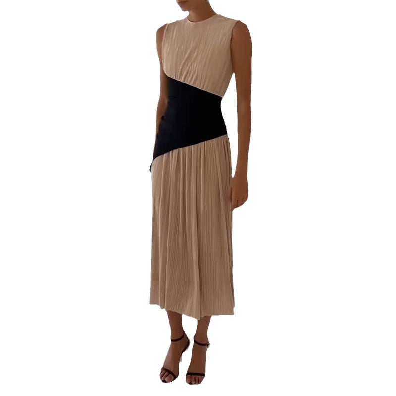2024 Women's Clothing Folds Irregular Black Spliced Sleeveless Long Dress