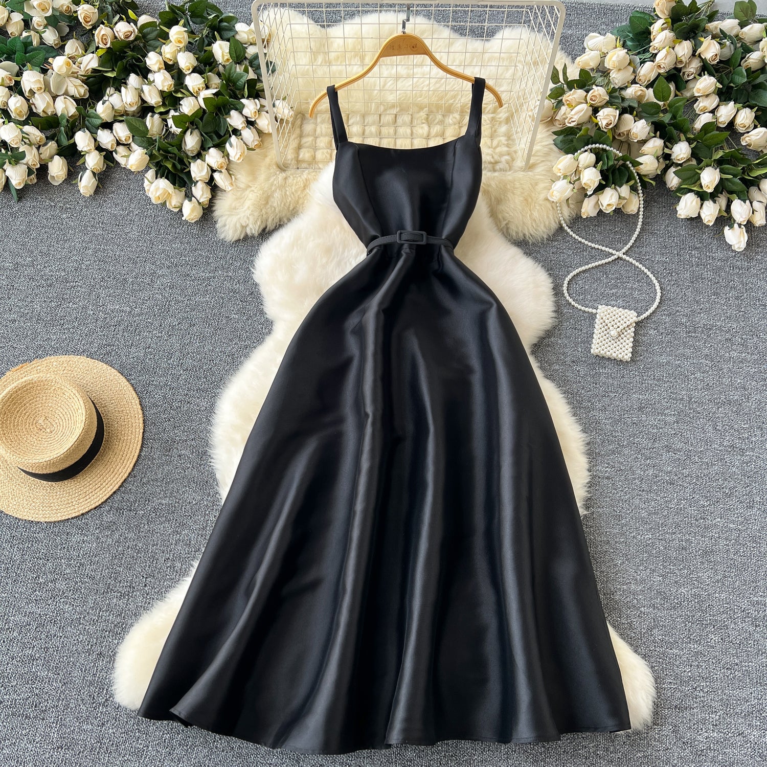 A line Straps Black Satin Holiday Dresses Midi Length Women's Dress SD1272