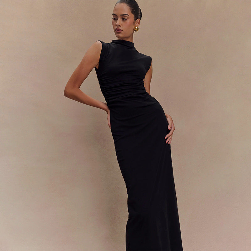 2025 New Solid Colorless Sleeveless Ruffed Zipper Bag Tug Of The Noise Dress