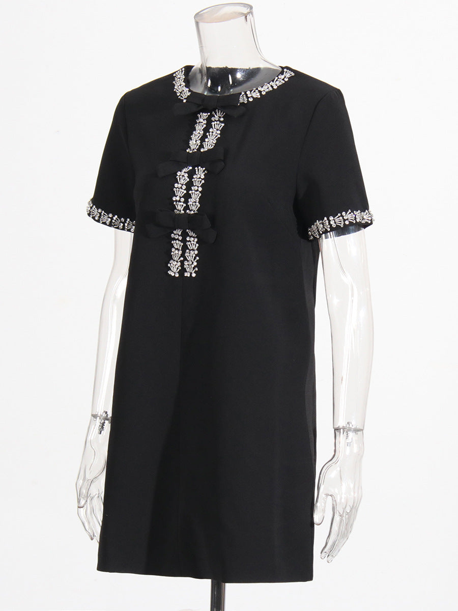 Diamond Drill Skirt 2025 Summer New Round Neck Short Sleeves Solid Color Waist Dress Dress Woman