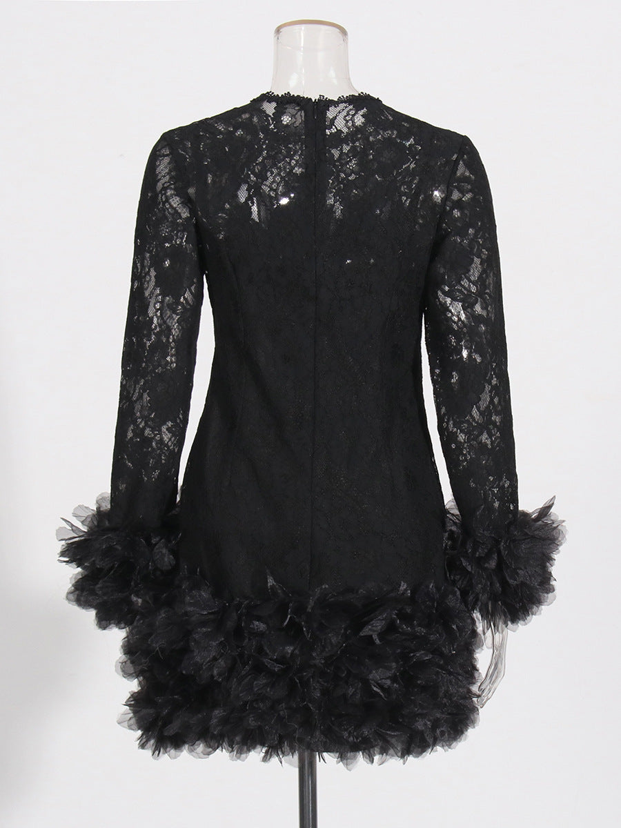 Senior Sense Dress Woman 2025 Summer New Lace Collar Splicing Mesh Long Sleeve Short Dress Women's Dress