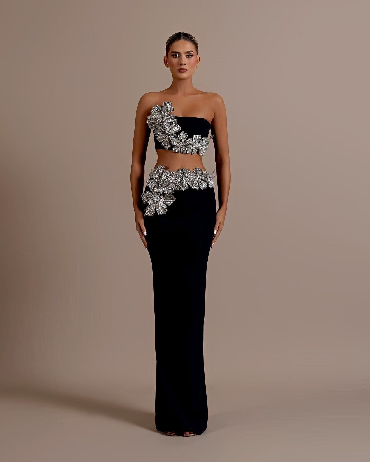 Fashion Heavy Industry Braided Flower Diamond Bag Bandage Long Skirt Party Two-Piece Dress