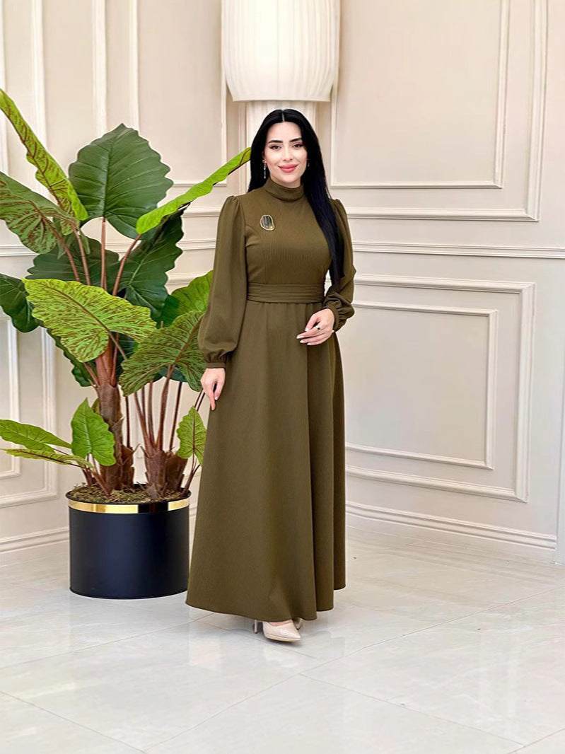 Muslim Solid-Colored Belt-Lending Dress Woman In Autumn 2024