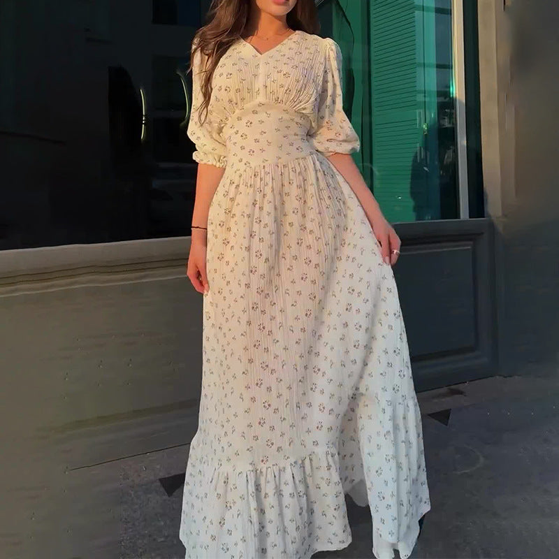 Women's Summer V-Neck Lantern Half-Sleeved High-Waisted Temperament Splicing Dress