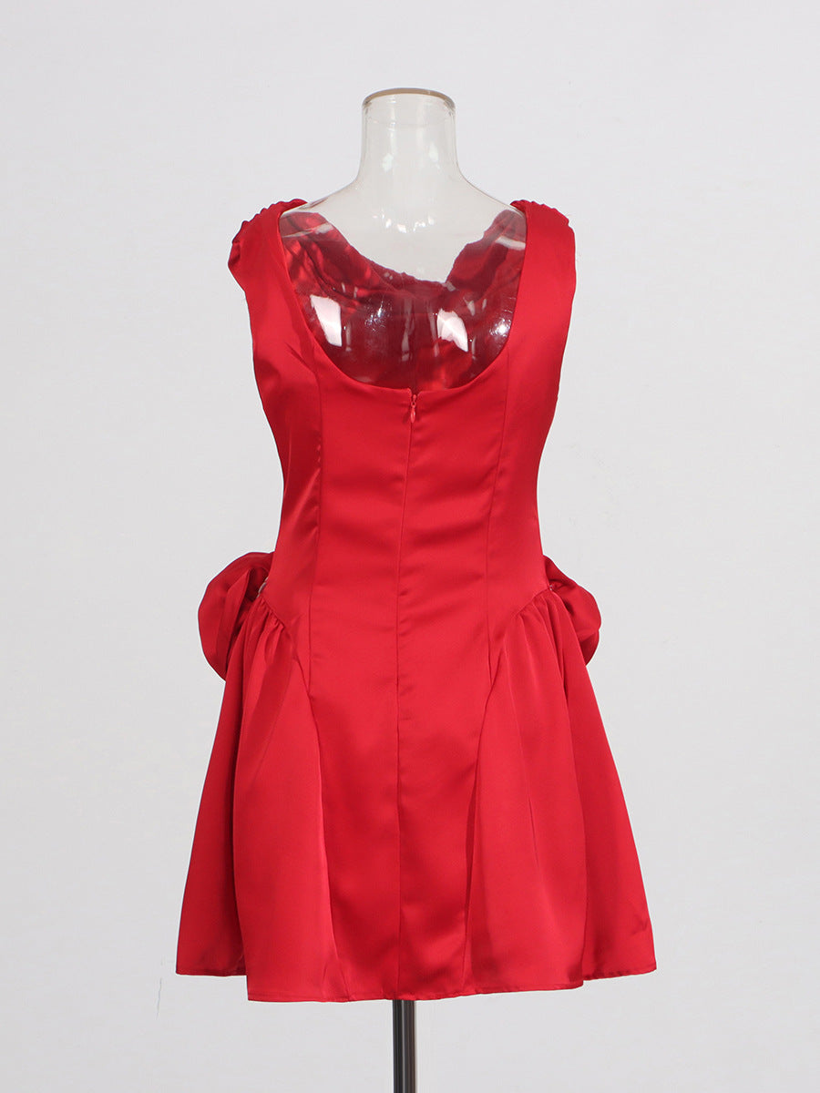 Summer New Round Neckless Design High-Waist Three-Dimensional Flowers Spliced Solid Color French Retro Short Skirt Woman