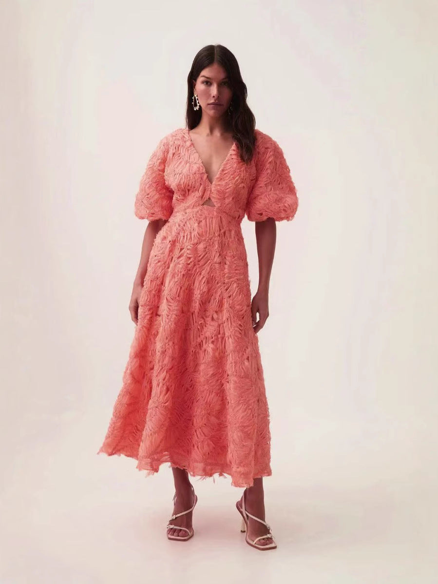 2025 Spring New V-Neck Bubble Sleeve Hollow Solid Color Dress Dress Woman