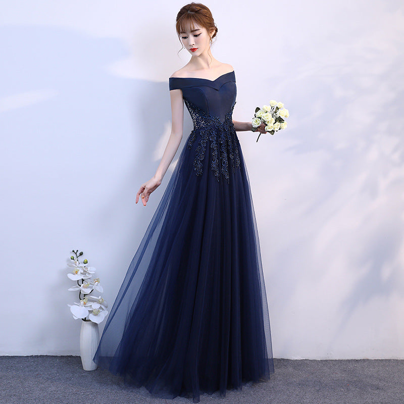 Evening Dress Woman 2025 Summer Temperament Atmospheric Elegant One-Word Shoulder Host Maid Dress Small Thin