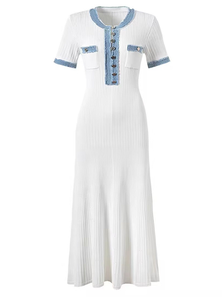 Elegant Wind Knitted Dress 2025 Summer New Denim Bumping Short-Sleeved Long Dress Dress Woman