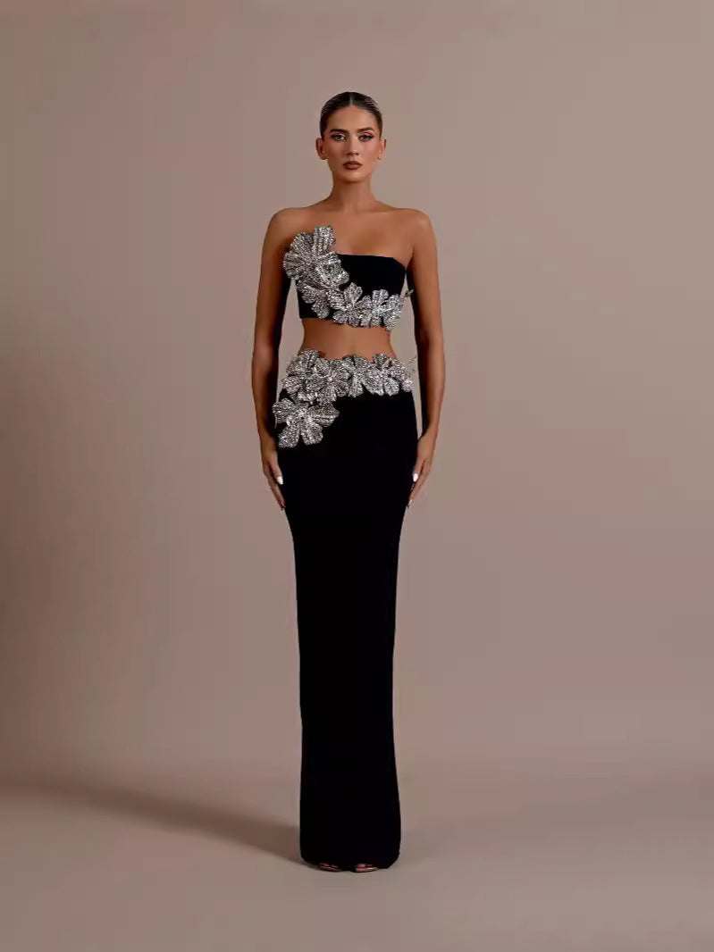 Fashion Heavy Industry Braided Flower Diamond Bag Bandage Long Skirt Party Two-Piece Dress