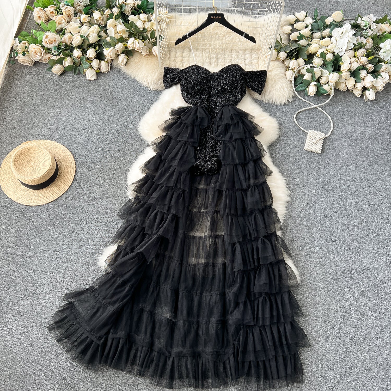 A line Off The Shoulder Tulle Short Sleeves Black Tulle Holiday Dresses Ruffles Women Dress SD1269
