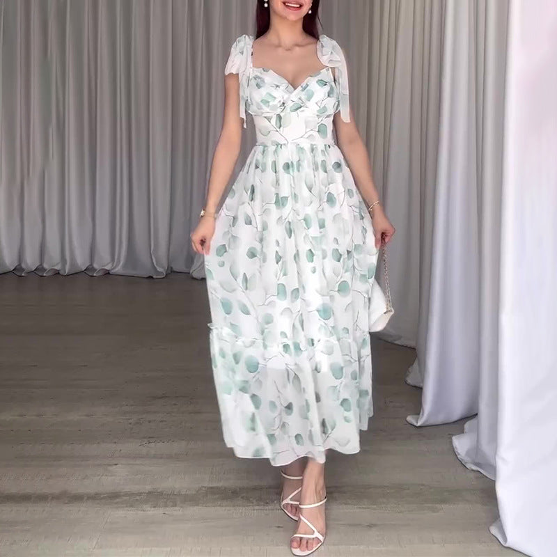 Women's Summer Strap Sling V Tie Floral Skirt High Waist Repair Temperament