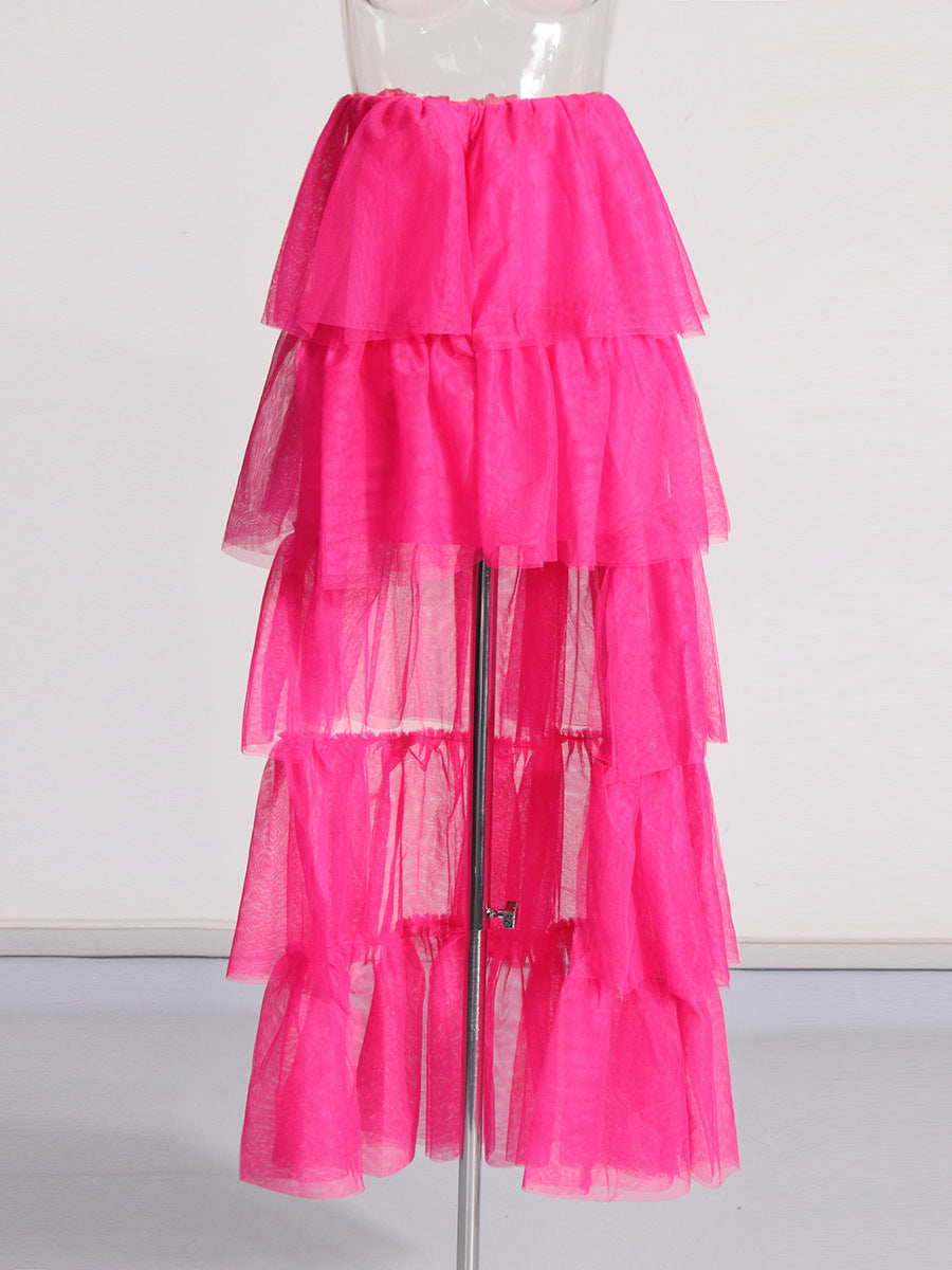 Personality Style 2025 New Mesh Splicing Before The Short After Long Cake Pony Skirt Dress