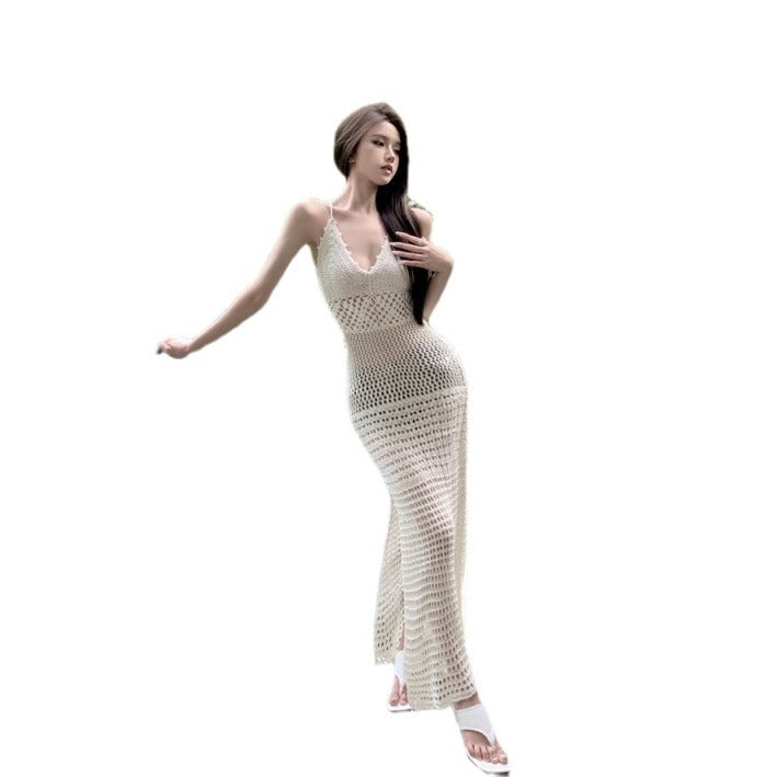 Temperament Hollow V Tie Sling Dress Women's Summer Dress Design Reveals Back Vacation Knitting Dress