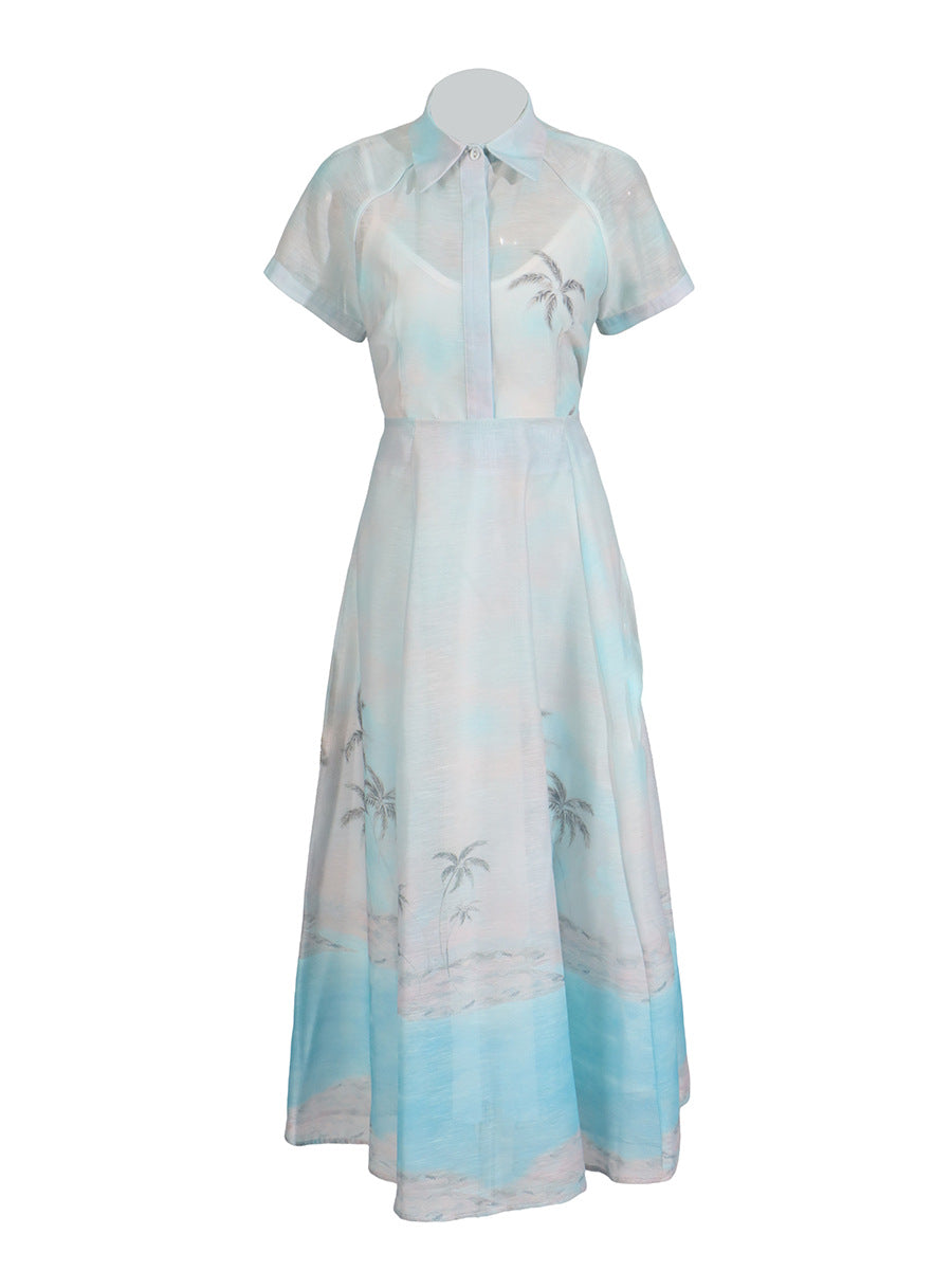 2025 Summer New V-Neck Print Short-Sleeved Shirt + High-Rise Half-Dress Suit Woman
