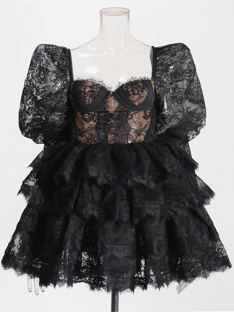 Version Of The Women's Group Wind 2025 Summer New Heavy Industry Bubble Sleeves Embroidered With Leaves Side Short Women's Dress
