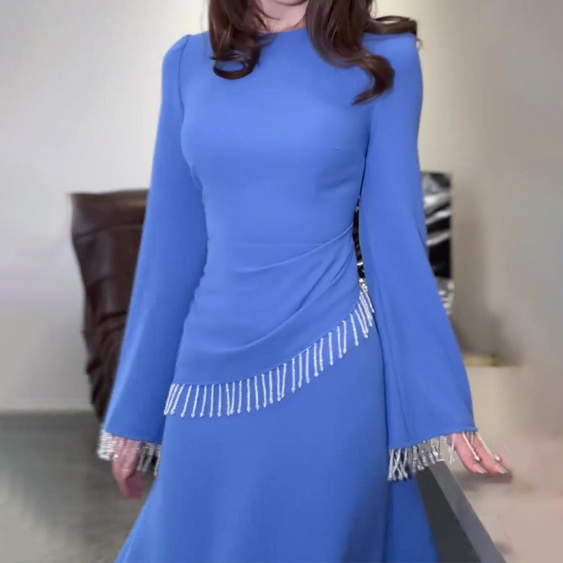 Women's Autumn Collar Long-Sleeved High-Waisted Escoating With Thin Dress