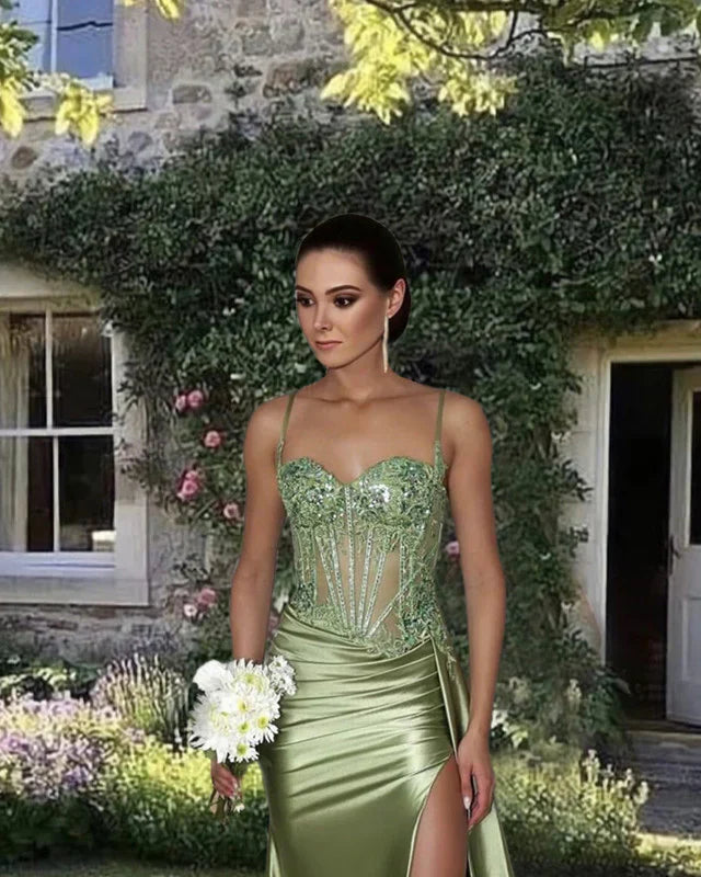 Mermaid Spaghetti Straps Sage Green Long Satin Prom Dresses Formal Evening Dress SD2416 HZ0628