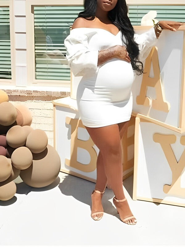 White Off Shoulder Backless V-Neck Lantern Sleeve Bodycon Party Cute Baby Shower Maternity Mini Dress Maternity