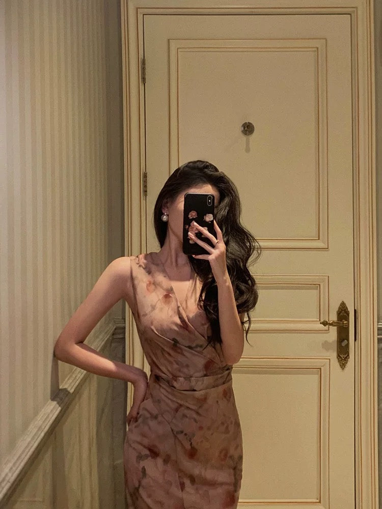 Sheath V Neckline Long Pink Floral Prom Dresses Birthday Outfits Evening Gown SD1002