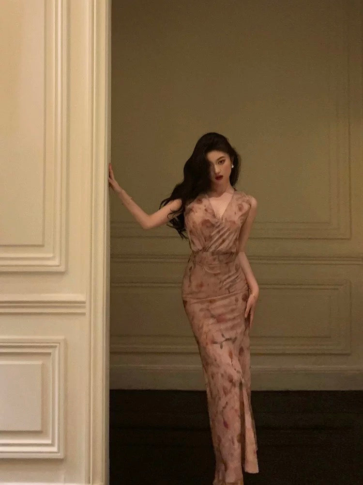 Sheath V Neckline Long Pink Floral Prom Dresses Birthday Outfits Evening Gown SD1002